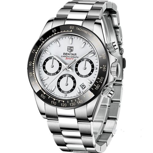 Montre Bracelet Argent pour Hommes Quartz Chronographe Sport Noir