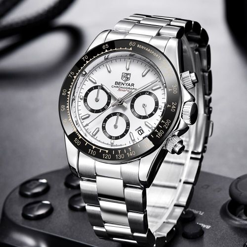 Montre Bracelet Argent pour Hommes Quartz Chronographe Sport Noir