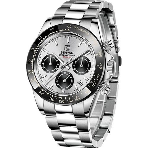 Montre Bracelet Argent pour Hommes Quartz Chronographe Sport Noir