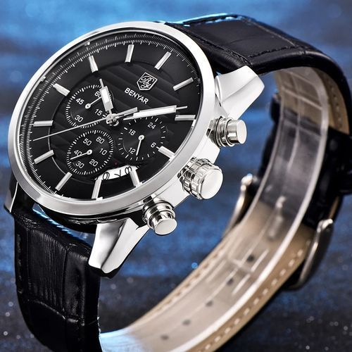 Montre Bracelet en Cuir Quartz pour Hommes Etanche Chronographe