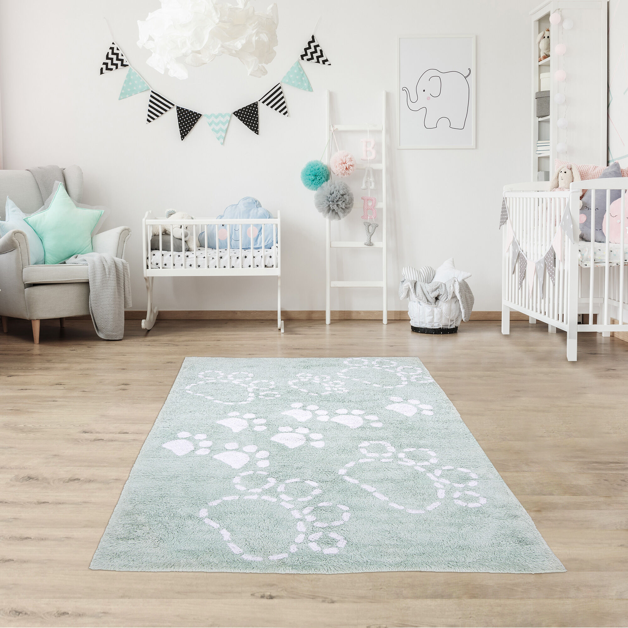 Tapis Pattes 100% Bio Vert Deau, Blanc