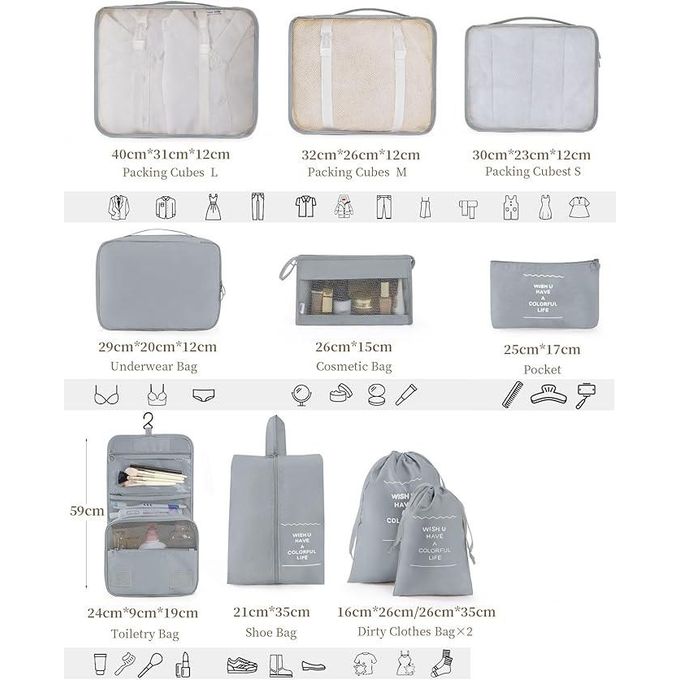 Set De 10 Pcs Organisateur Valise Voyage Gris