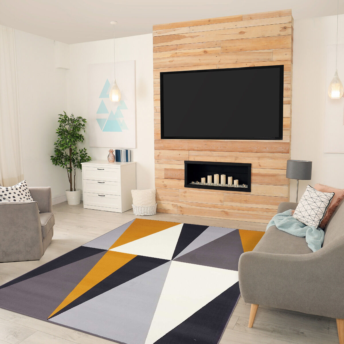 Tapis Af Bigtri Jaune, Gris, Noir, Blanc thumbnail 1