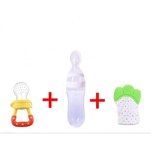 Set Bébé Sucette Fruit + Gant Dentition + Biberon Cuillère Silicone 90ml