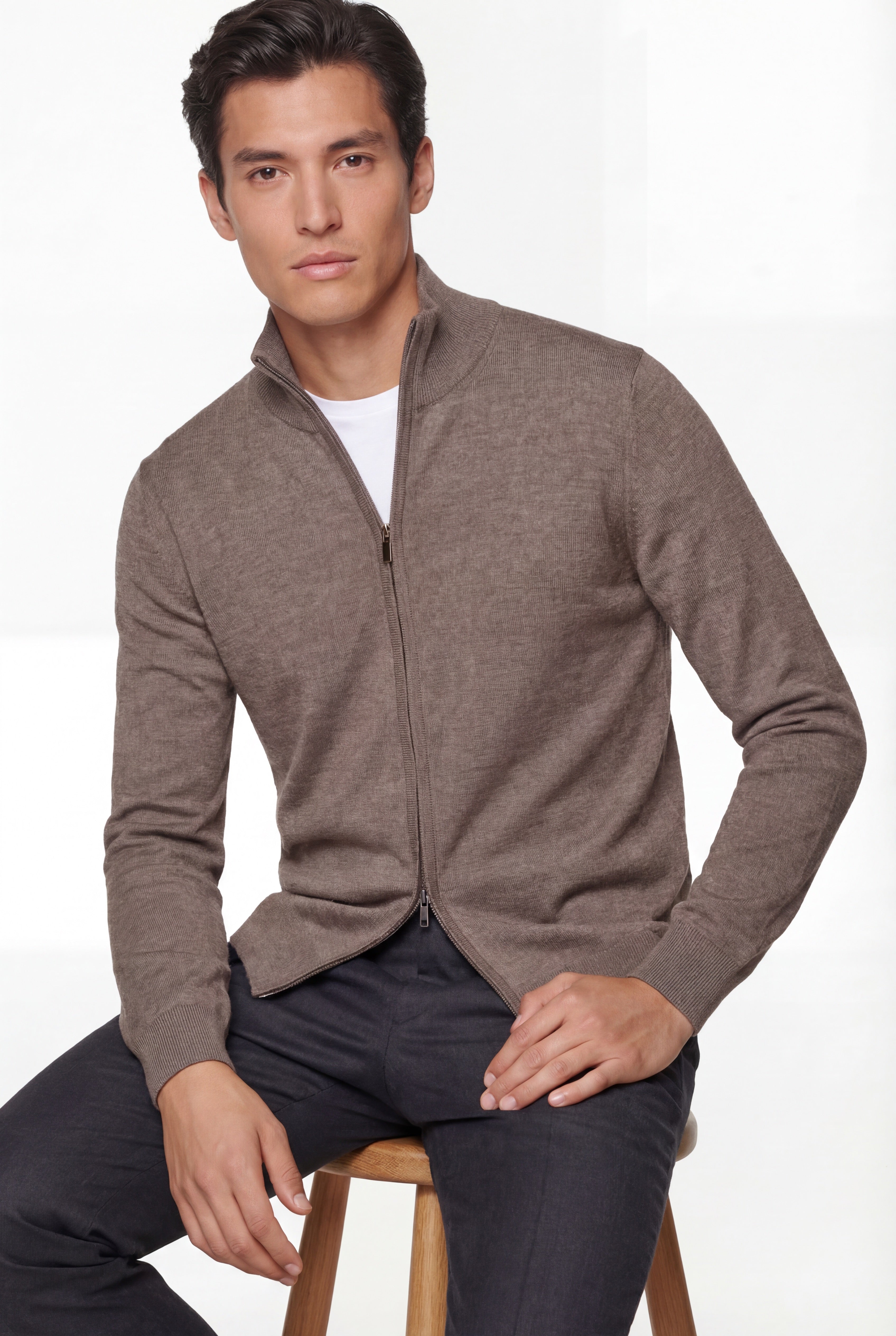 Zip Knit Cardigan – Taupe – 100% Extra-fine Merino Wool
