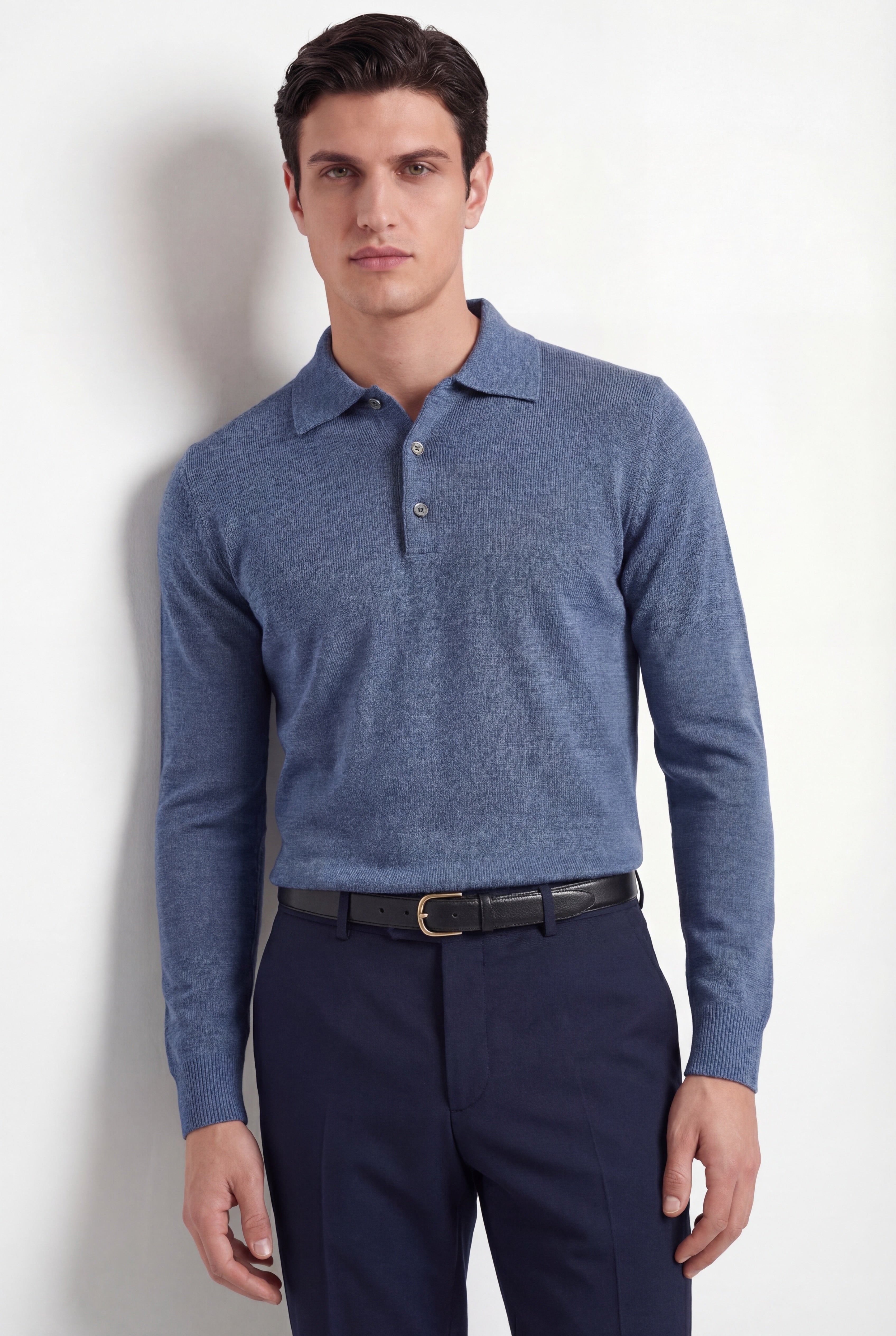 Merino Knit Polo – Dusty Blue – 100% Superfine Virgin Wool thumbnail 4