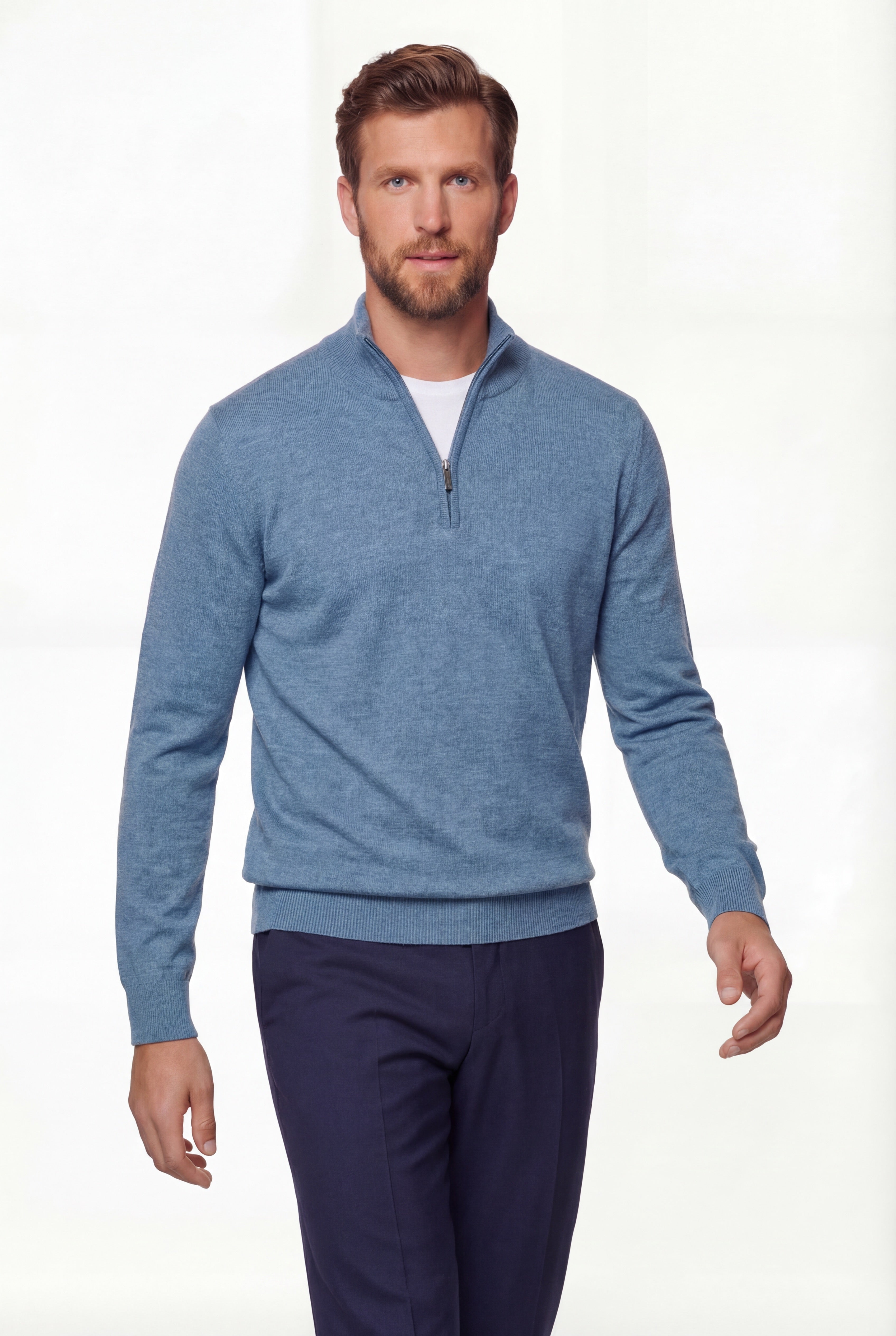 Half-zip Knit Sweater – Light Blue – 100% Extra-fine Merino Wool