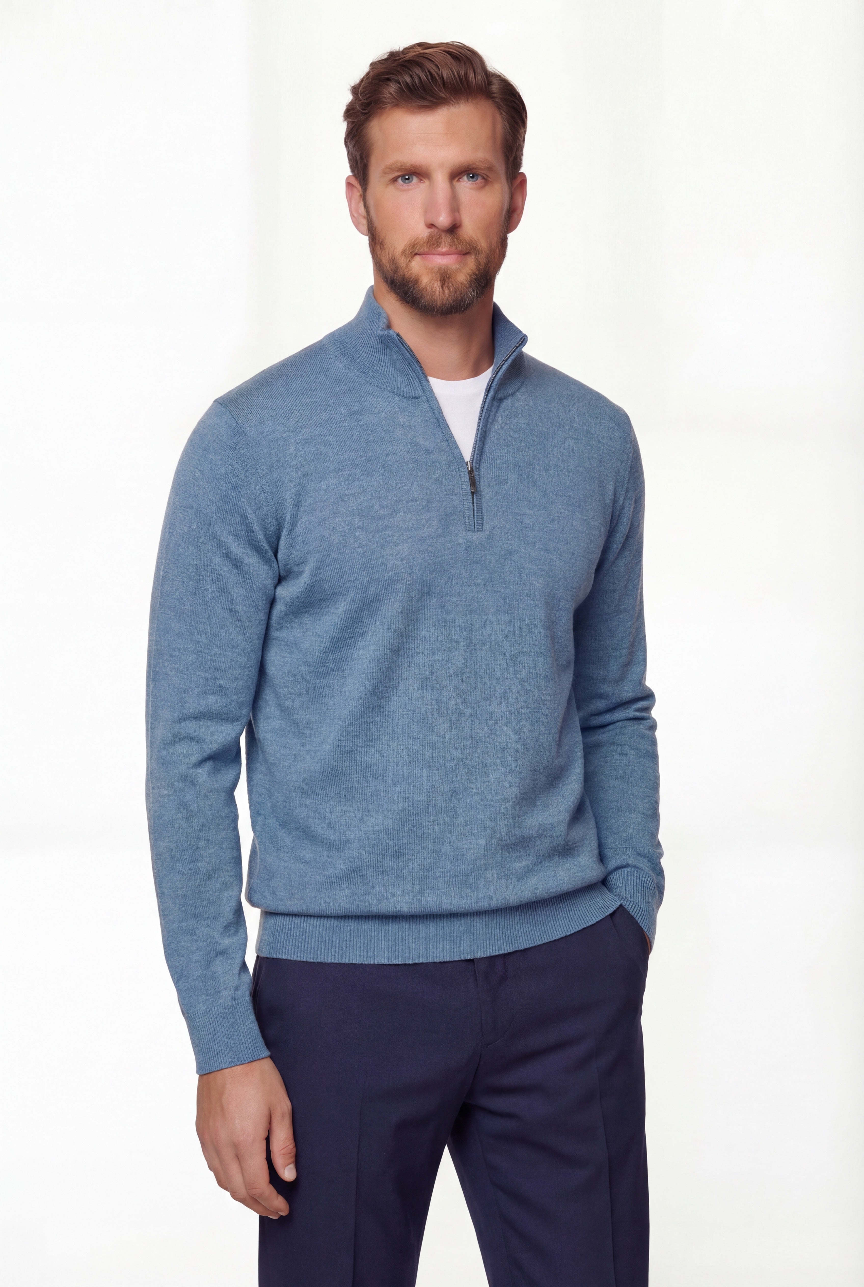 Half-zip Knit Sweater – Light Blue – 100% Extra-fine Merino Wool