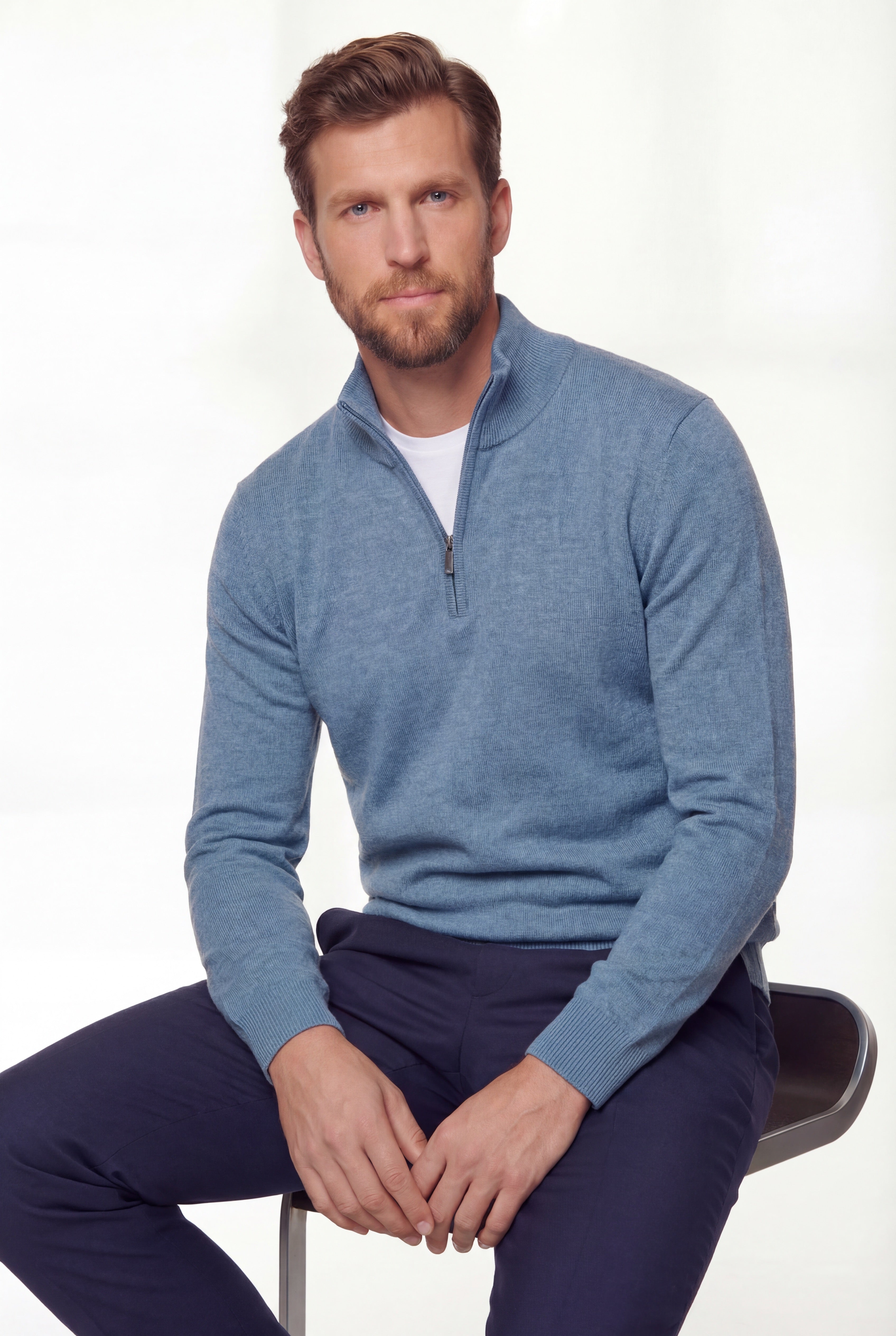 Half-zip Knit Sweater – Light Blue – 100% Extra-fine Merino Wool thumbnail 3
