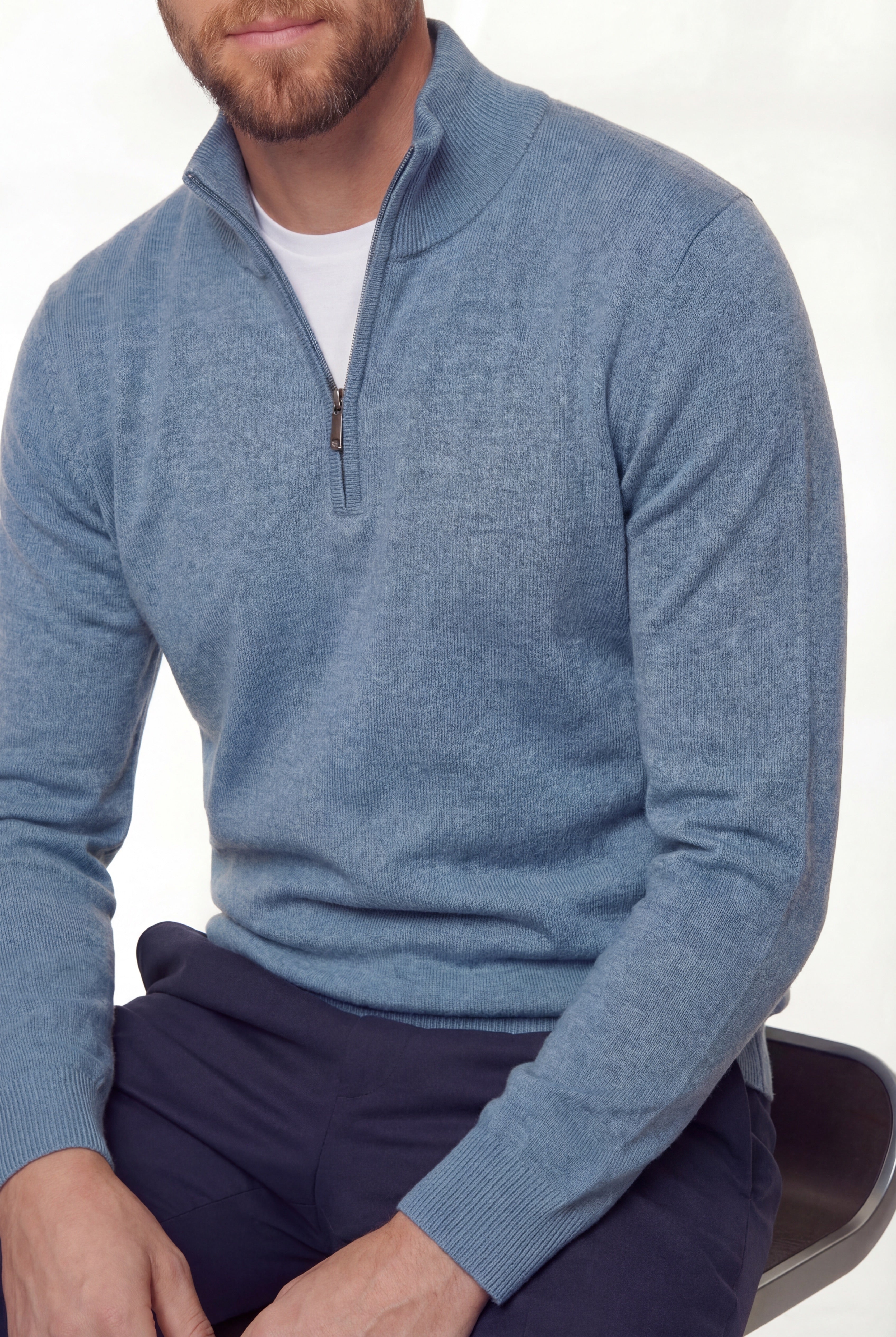 Half-zip Knit Sweater – Light Blue – 100% Extra-fine Merino Wool thumbnail 4