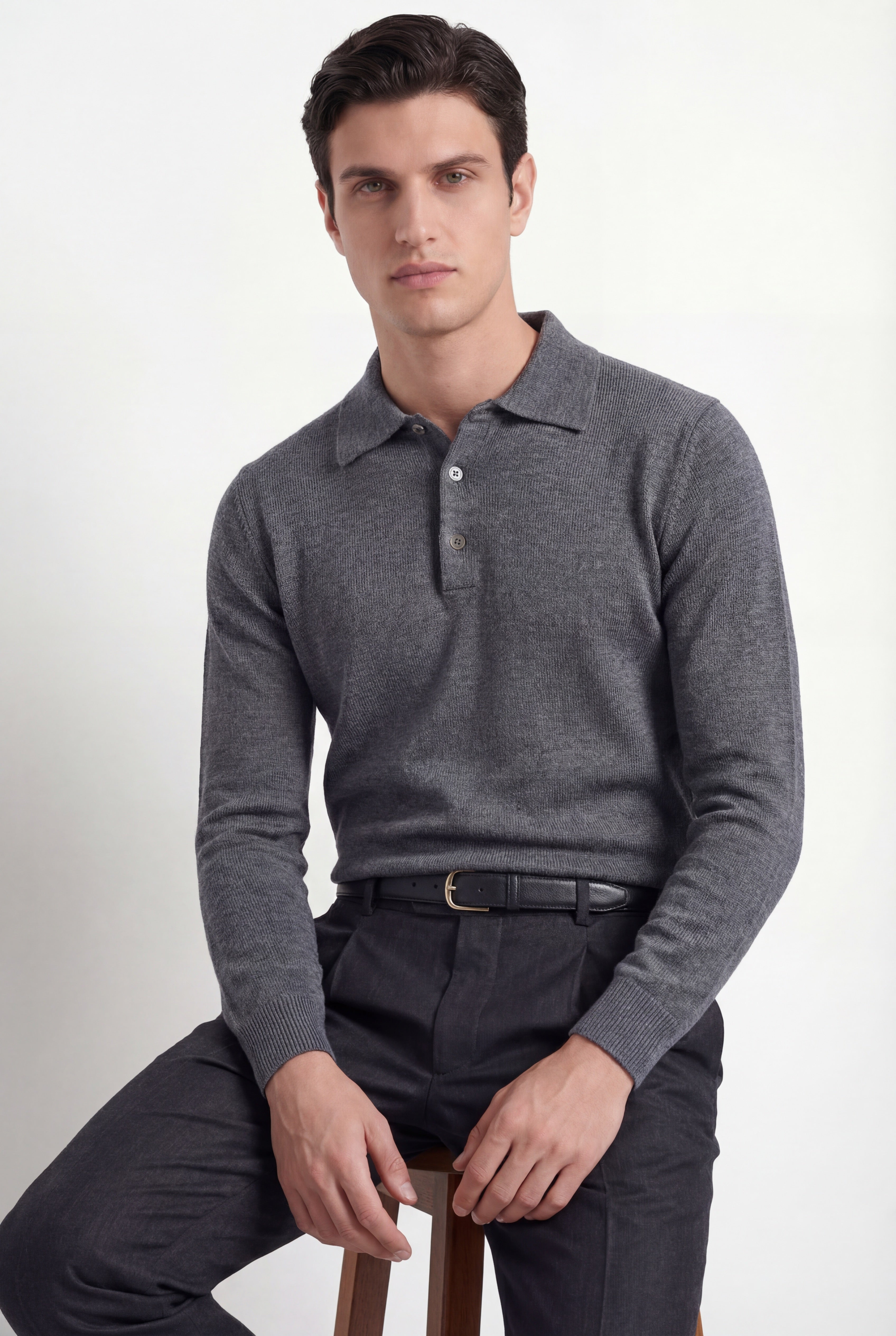 Merino Knit Polo – Mid Grey – 100% Superfine Virgin Wool thumbnail 1