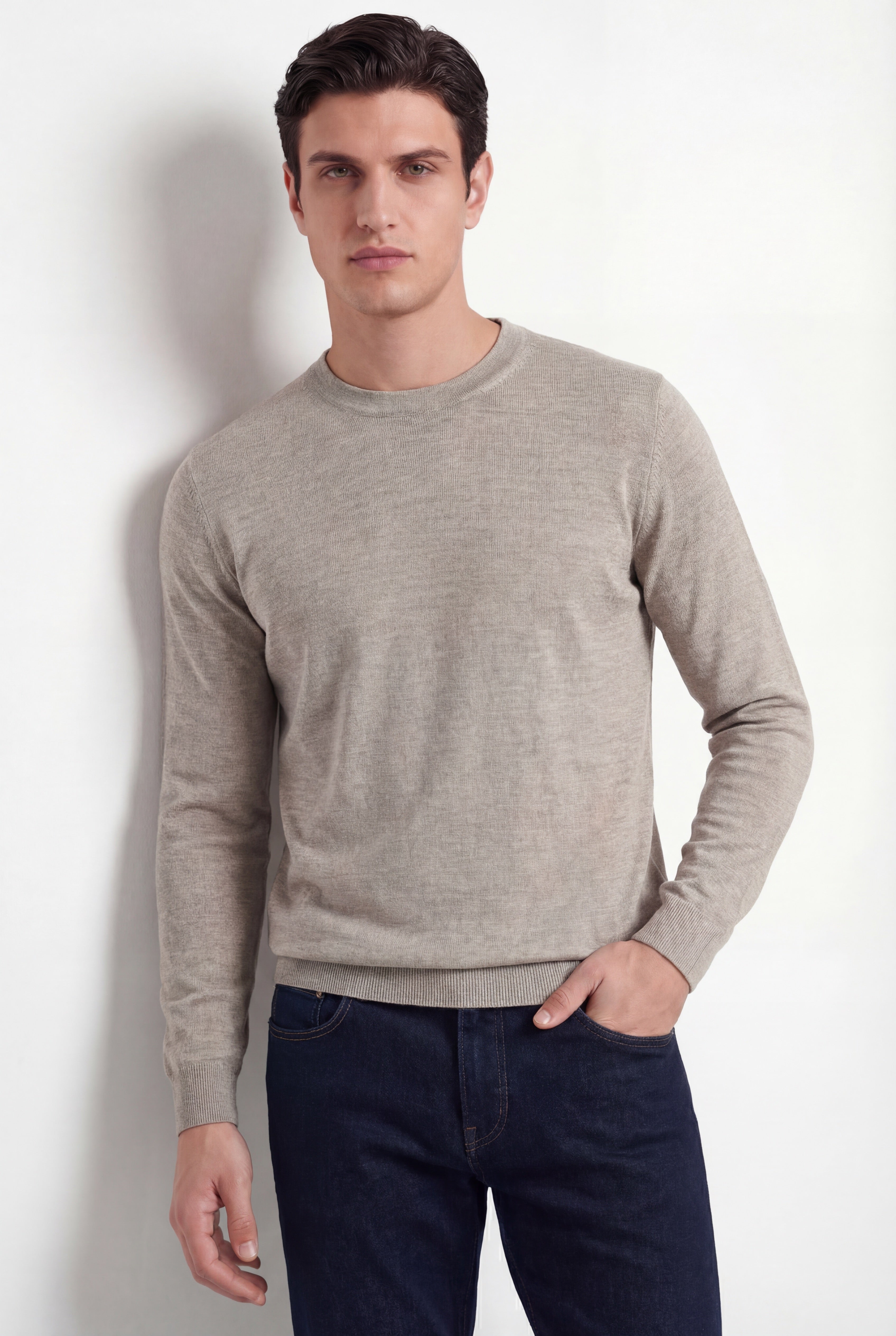 Crew Neck Knit – Sand – Wool & Silk Blend