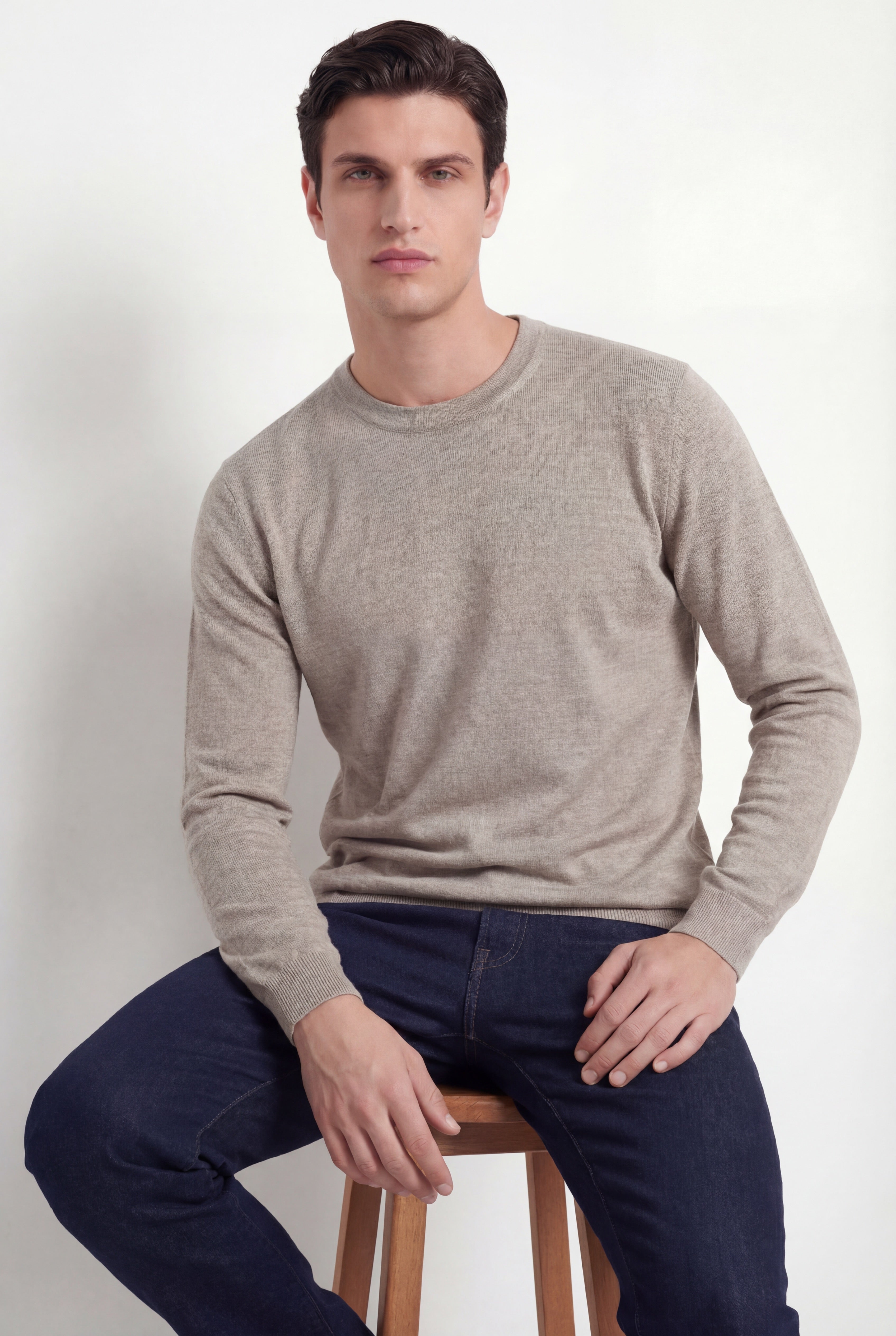Crew Neck Knit – Sand – Wool & Silk Blend