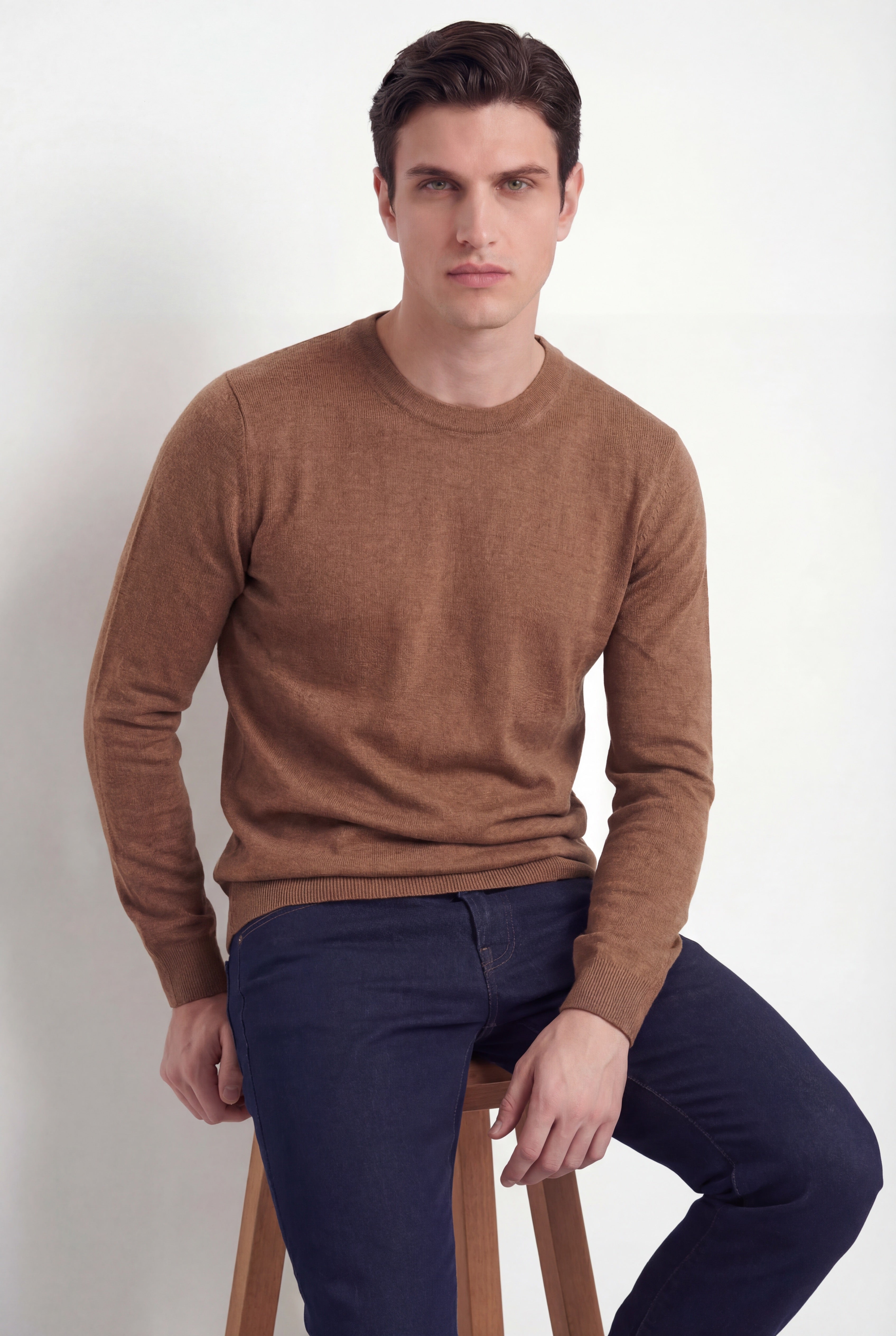 Crew Neck Knit – Cognac – Wool & Silk Blend thumbnail 1