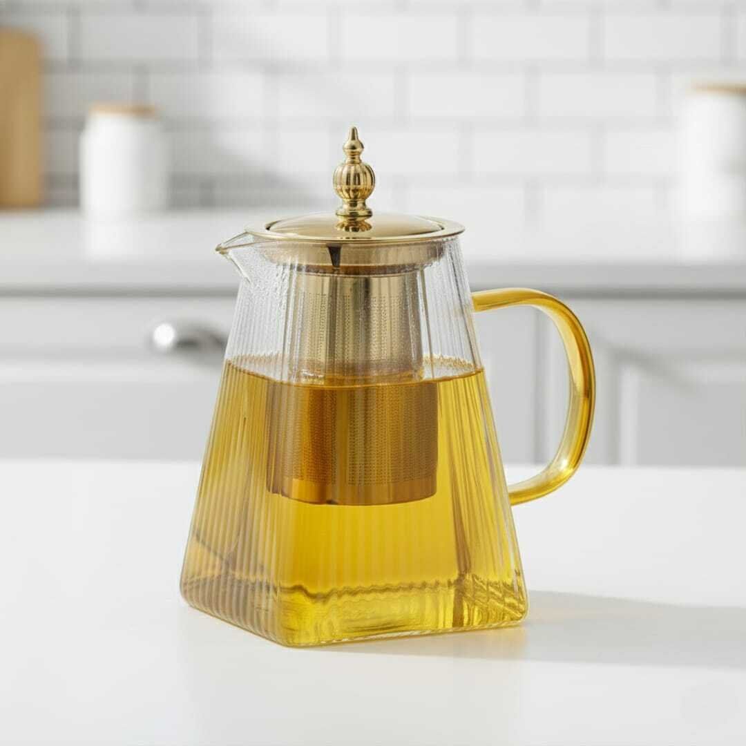 Théière en Verre avec Infuseur en Acier Doré – Résistante à la Chaleur – 800ml