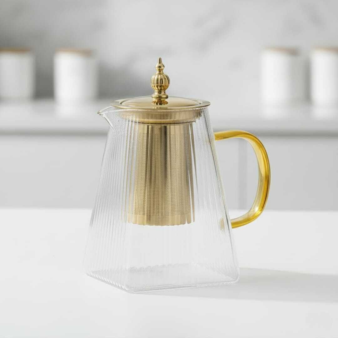 Théière en Verre avec Infuseur en Acier Doré – Résistante à la Chaleur – 800ml