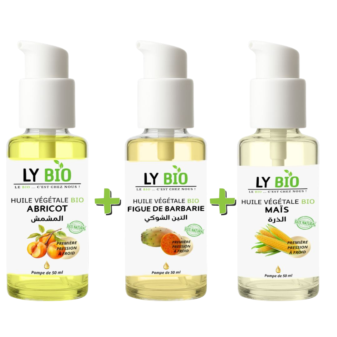 Pack Huile Abricot 50ml - Pompe + Huile Figue de Barbarie 50ml - Pompe + Huile Mais 50ml - Pompe