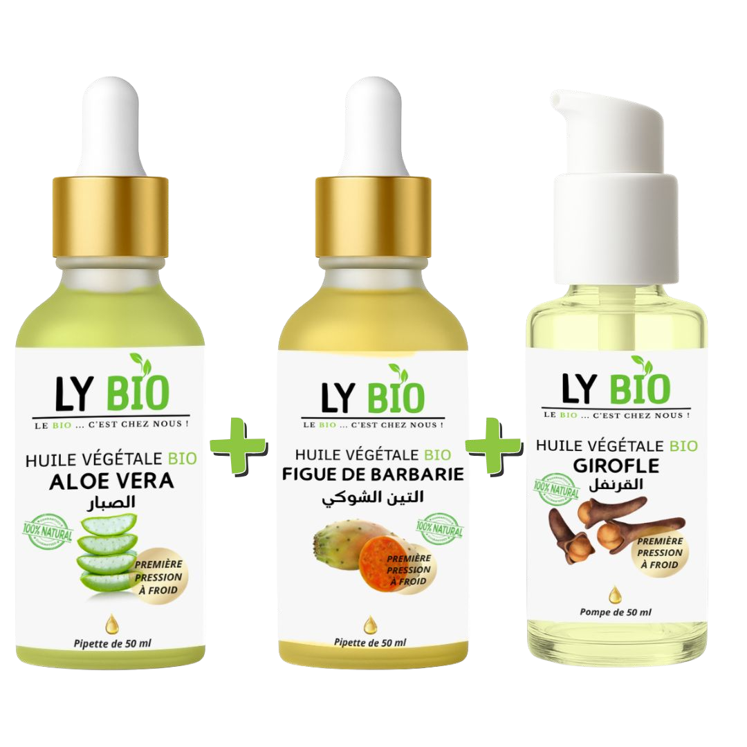 Pack Huile Aloe Vera 50ml - Pipette + Huile Figue de Barbarie 50ml - Pipette + Huile Girofle 50ml - Pompe