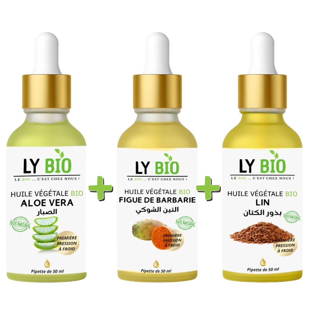 Pack Huile Aloe Vera 50ml - Pipette + Huile Figue de Barbarie 50ml - Pipette + Huile Lin 50ml - Pipette