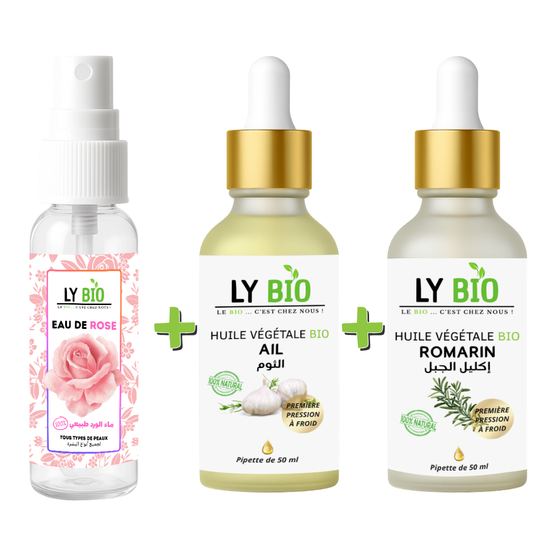 Pack Eau de Rose 100ml + Huile Ail 50ml - Pipette + Huile Romarin 50ml - Pipette