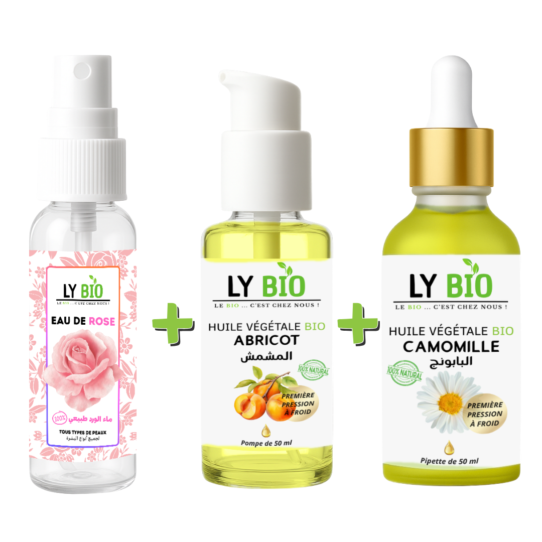 PACK EAU DE ROSE 100ML + HUILE ABRICOT 50ML - POMPE + HUILE CAMOMILLE 50ML - PIPETTE