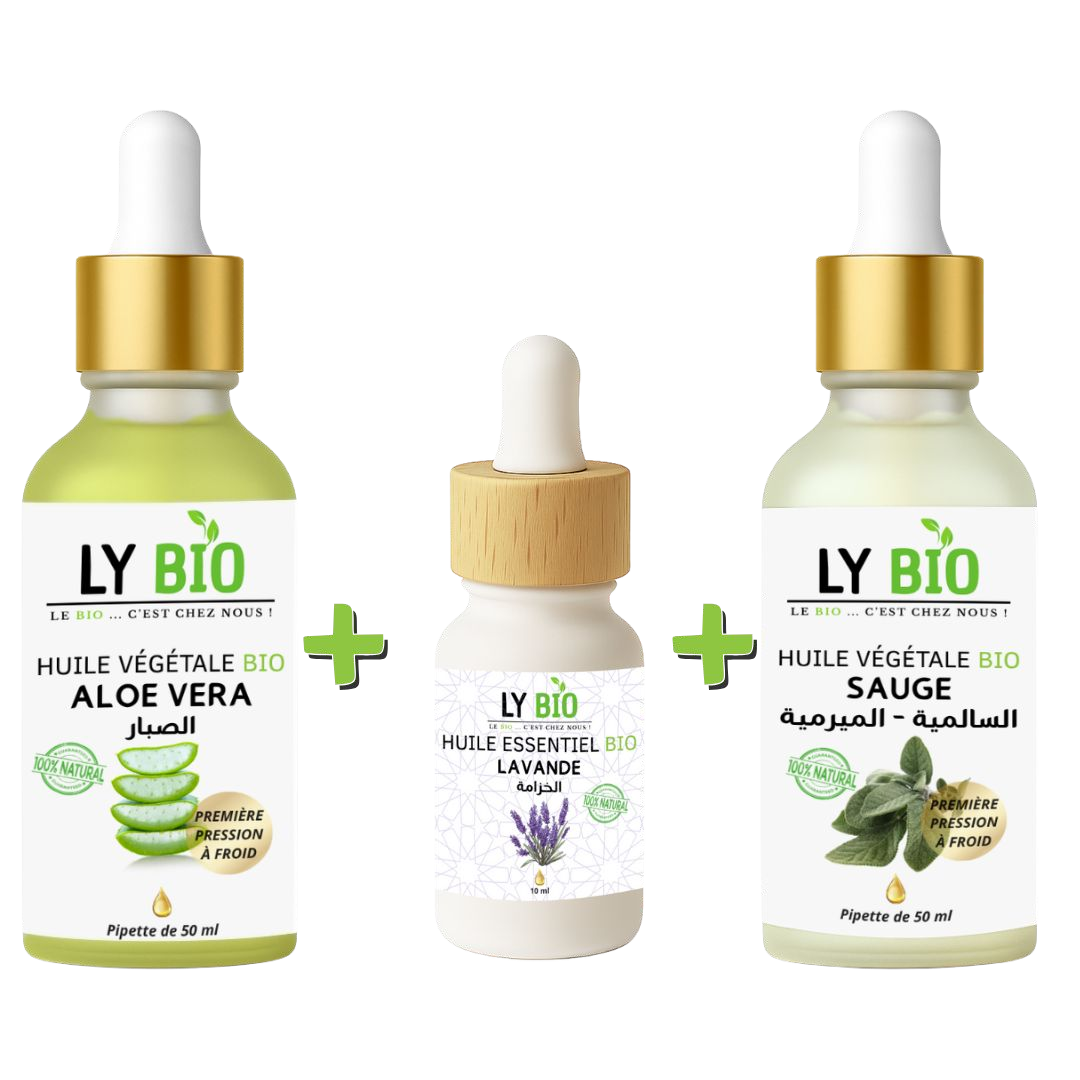 Pack Huile Aloe Vera 50ml - Pipette + Huile Essentiel Lavande 10ml + Huile Sauge 50ml - Pipette