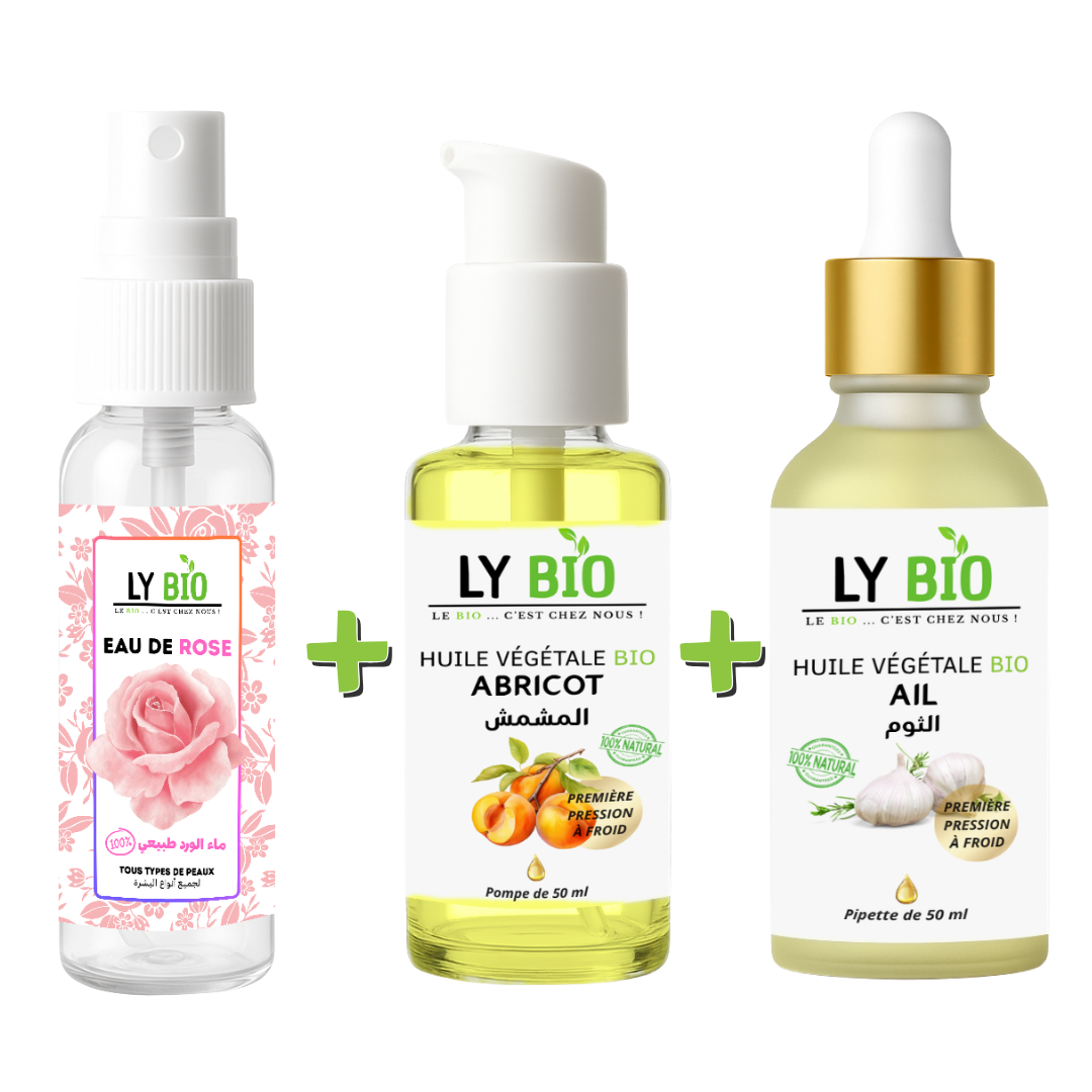 PACK EAU DE ROSE 100ML + HUILE ABRICOT 50ML - POMPE + HUILE AIL 50ML - PIPETTE
