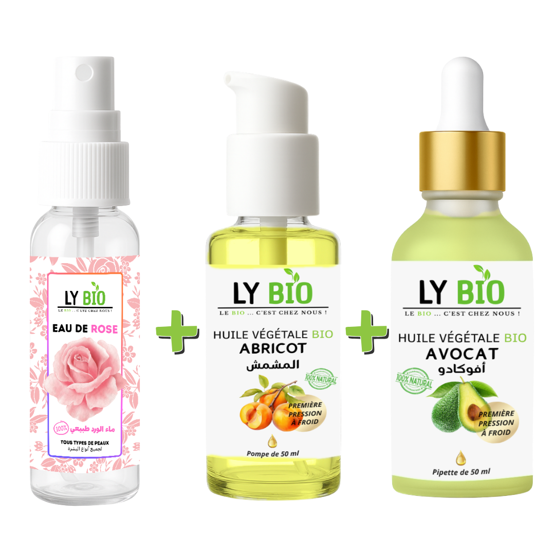 PACK EAU DE ROSE 100ML + HUILE ABRICOT 50ML - POMPE + HUILE AVOCAT 50ml - PIPETTE