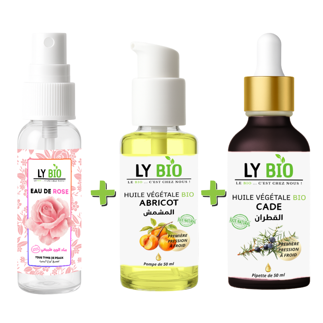 PACK EAU DE ROSE 100ML + HUILE ABRICOT 50ML - POMPE + HUILE CADE 50ML - PIPETTE