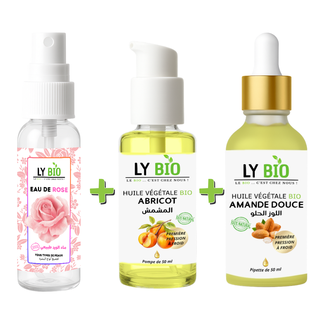 PACK EAU DE ROSE 100ML + HUILE ABRICOT 50ML - POMPE + HUILE AMANDE DOUCE 50ML - PIPETTE