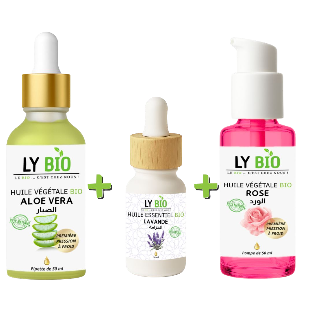 Pack Huile Aloe Vera 50ml - Pipette + Huile Essentiel Lavande 10ml + Huile Rose 50ml - Pompe