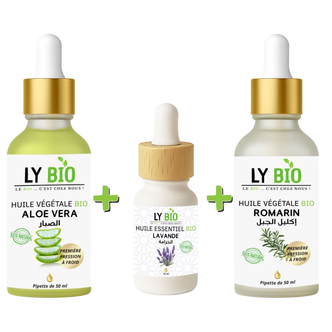 Pack Huile Aloe Vera 50ml - Pipette + Huile Essentiel Lavande 10ml + Huile Romarin 50ml - Pipette
