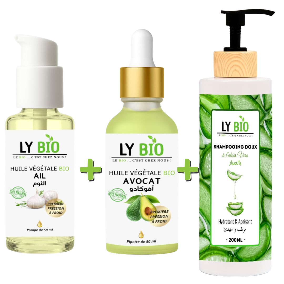 Pack Huile Ail 50ml - Pompe + Huile Avocat 50ml - Pipette + Shampooing Aloe Vera 200ml