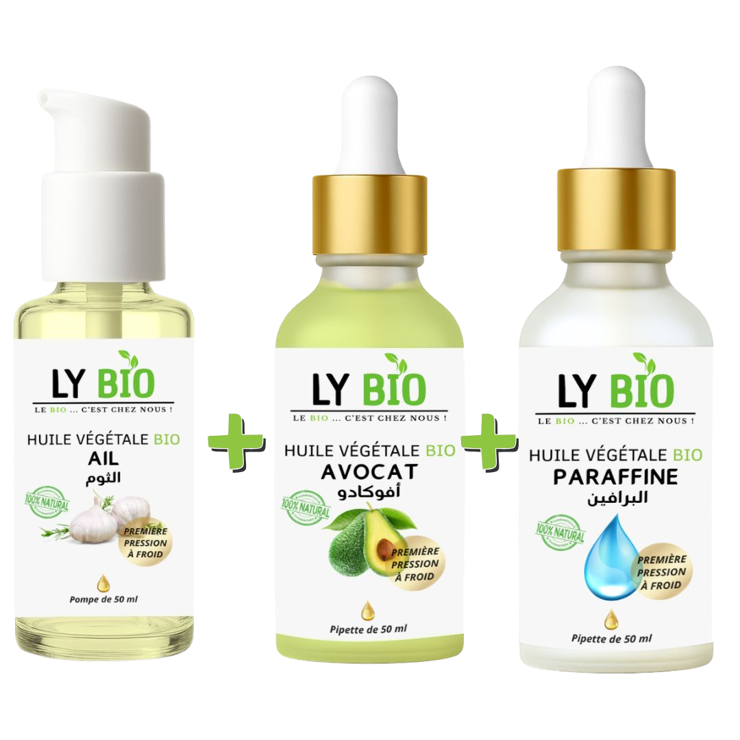 PACK HUILE AIL 50ML - POMPE + HUILE AVOCAT 50ml - PIPETTE + HUILE PARAFFINE 50ML - PIPETTE
