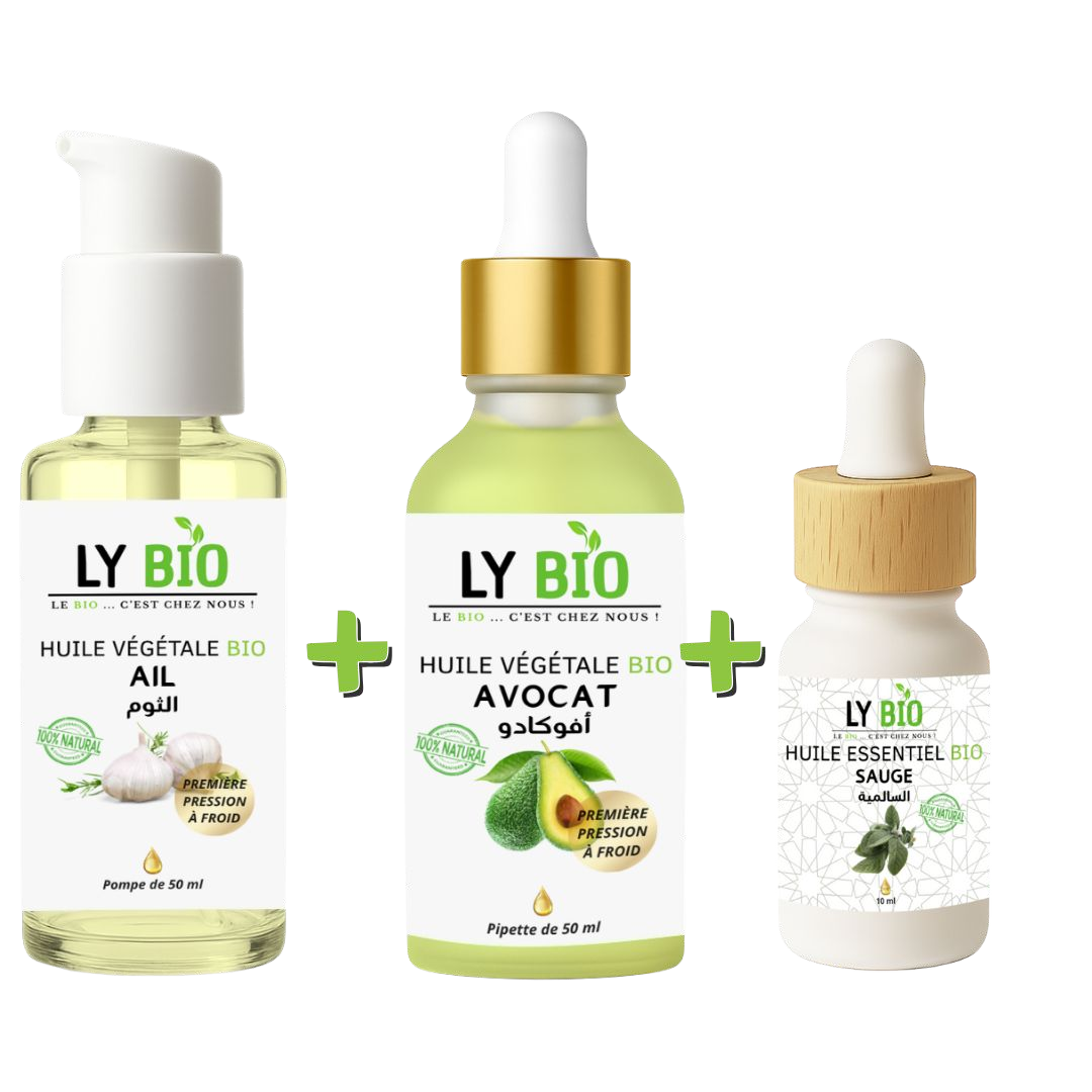 Pack Huile Ail 50ml - Pompe + Huile Avocat 50ml - Pipette + Huile Essentiel Sauge 10ml