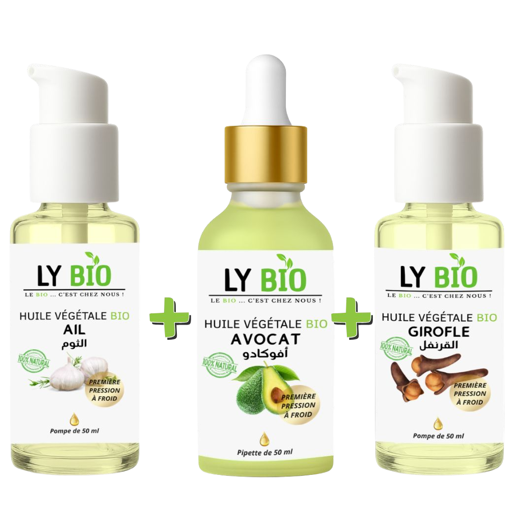 Pack Huile Ail 50ml - Pompe + Huile Avocat 50ml - Pipette + Huile Girofle 50ml - Pompe