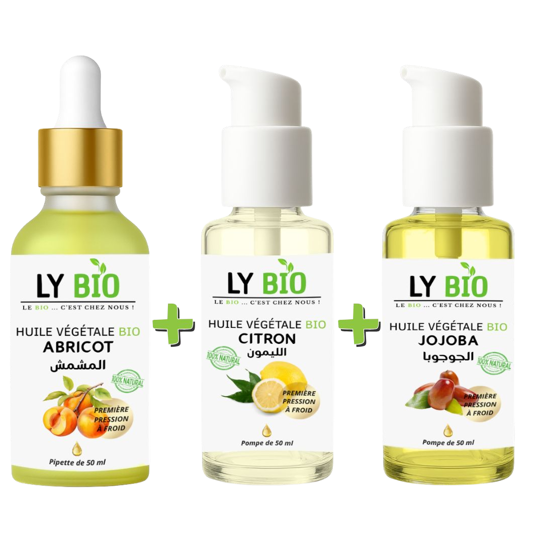 Pack Huile Abricot 50ml - Pipette + Huile Citron 50ml - Pompe + Huile Jojoba 50ml - Pompe