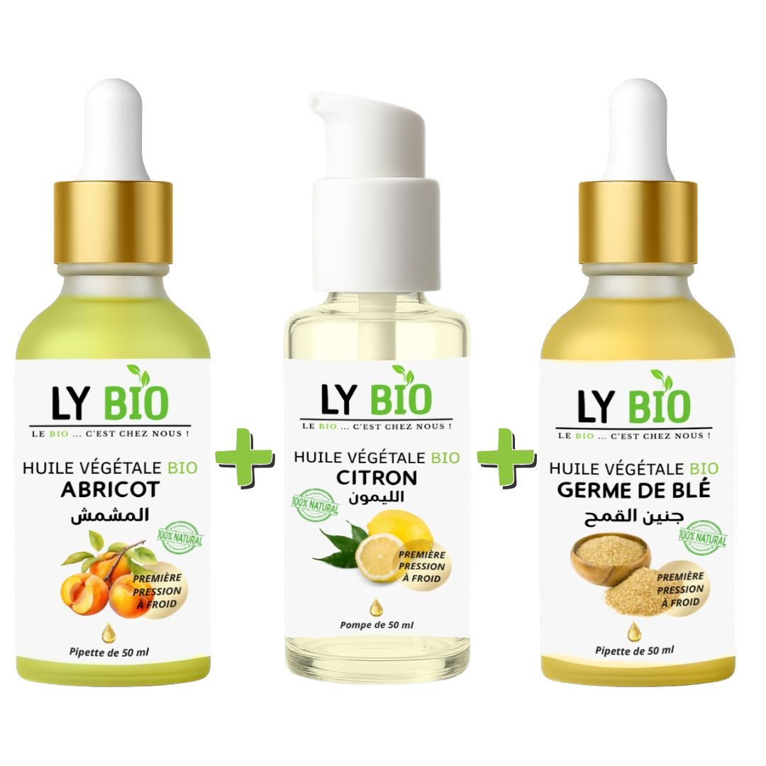 PACK HUILE ABRICOT 50ML - PIPETTE + HUILE CITRON 50ML - POMPE + HUILE GERME DE BLE 50ML - PIPETTE