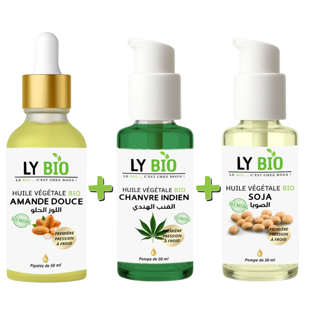 PACK HUILE AMANDE DOUCE 50ML - PIPETTE + HUILE CHANVRE 50ML - POMPE + HUILE SOJA 50ML - POMPE