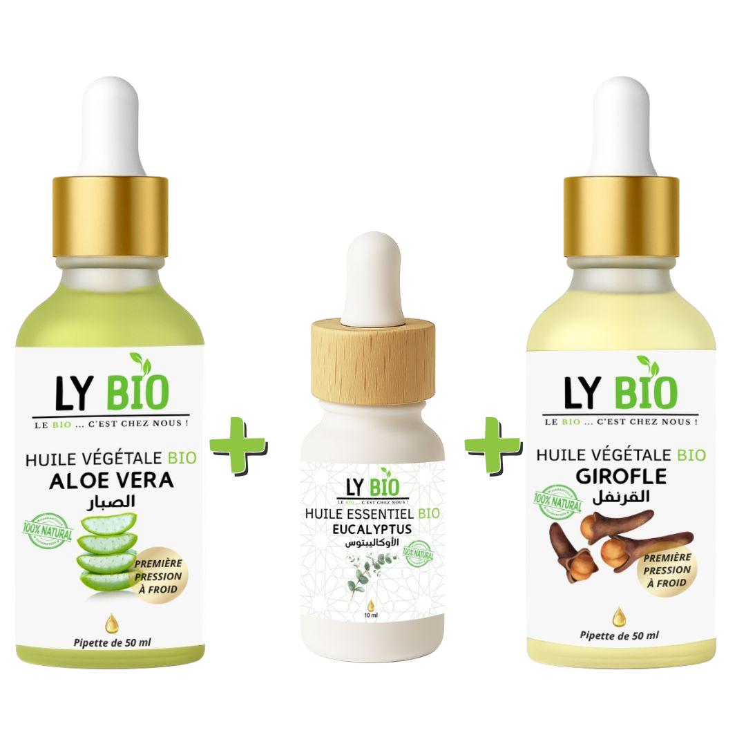 Pack Huile Aloe Vera 50ml - Pipette + Huile Essentiel Eucalyptus 10ml + Huile Girofle 50ml - Pipette