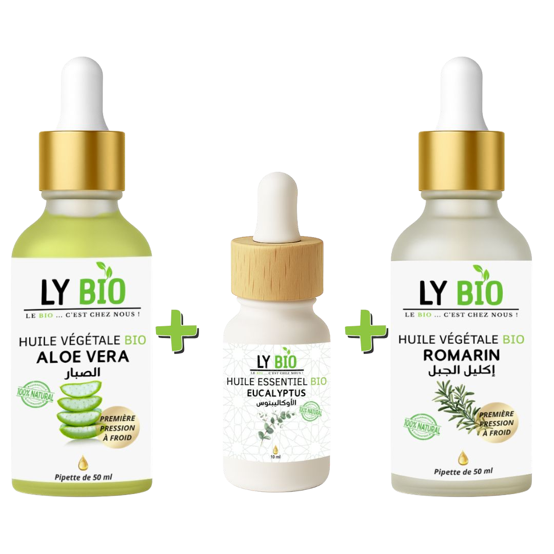 Pack Huile Aloe Vera 50ml - Pipette + Huile Essentiel Eucalyptus 10ml + Huile Romarin 50ml - Pipette