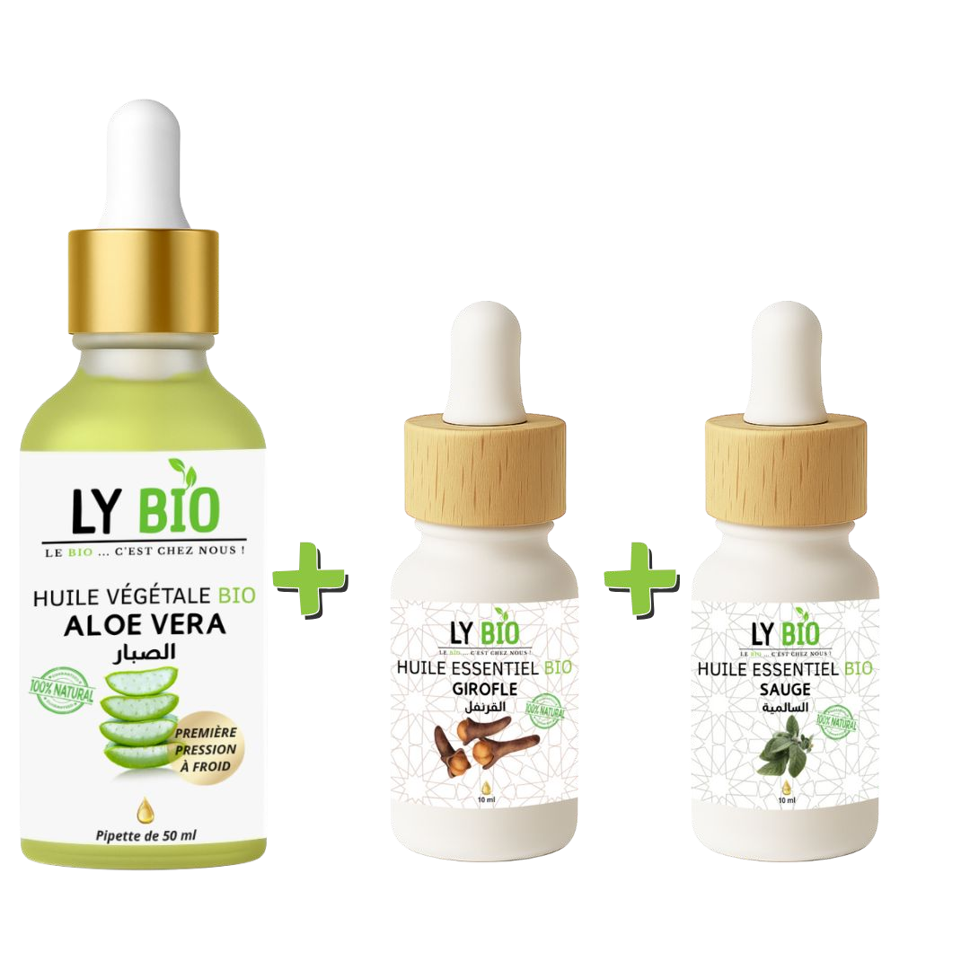 Pack Huile Aloe Vera 50ml - Pipette + Huile Essentiel Girofle 10ml + Huile Essentiel Sauge 10ml