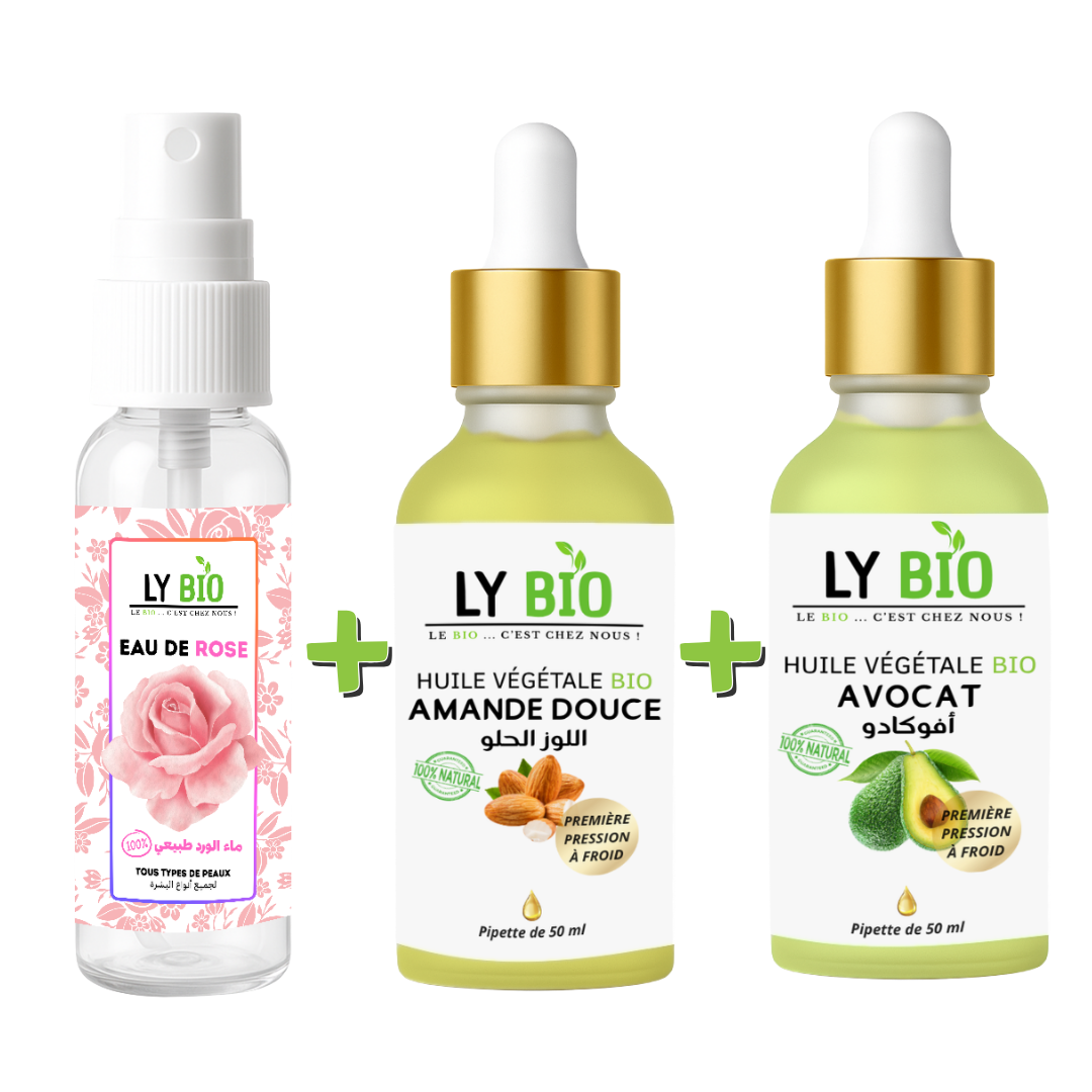 PACK EAU DE ROSE 100ML + HUILE AMANDE DOUCE 50ML - PIPETTE + HUILE AVOCAT 50ml - PIPETTE