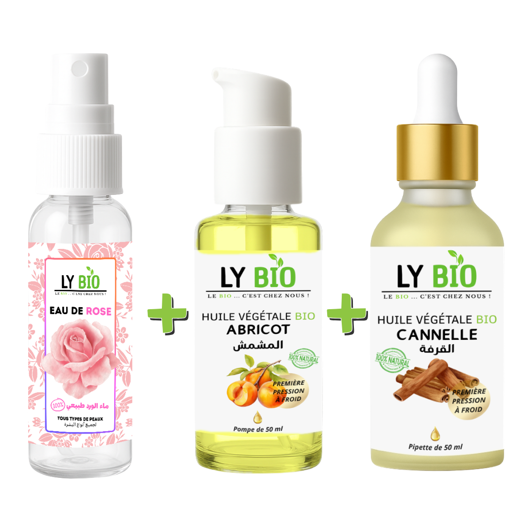 Pack Eau de Rose 100ml + Huile Abricot 50ml - Pompe + Huile Cannelle 50ml - Pipette