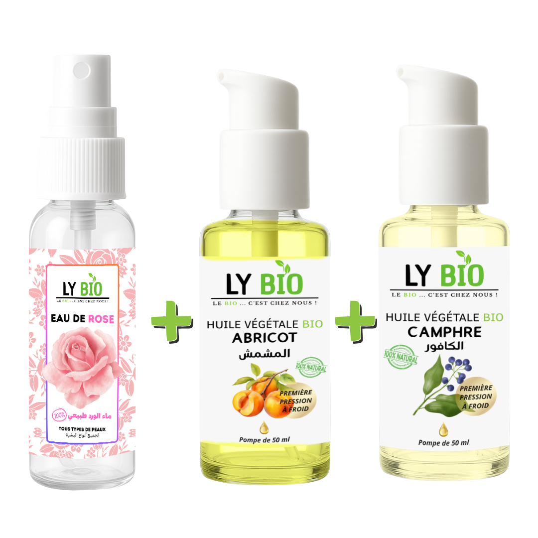 PACK EAU DE ROSE 100ML + HUILE ABRICOT 50ML - POMPE + HUILE CAMPHREE 50ML - POMPE