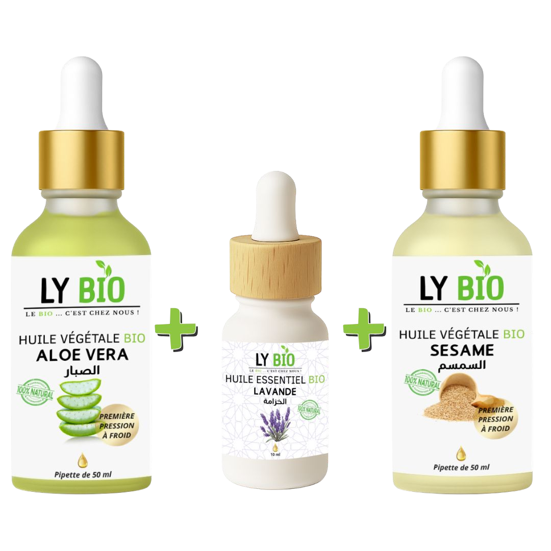Pack Huile Aloe Vera 50ml - Pipette + Huile Essentiel Lavande 10ml + Huile Sesame 50ml - Pipette