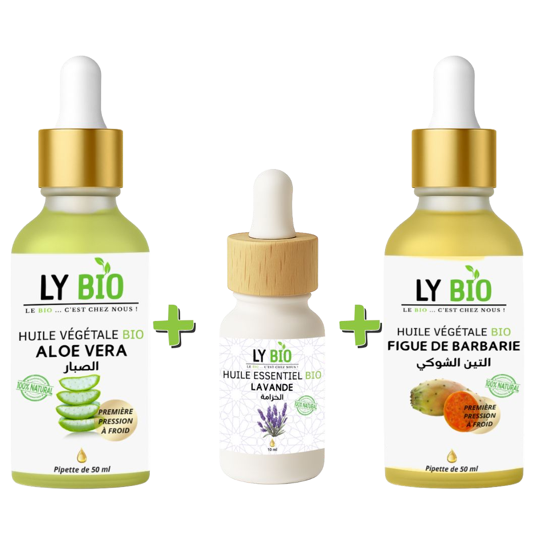 Pack Huile Aloe Vera 50ml - Pipette + Huile Essentiel Lavande 10ml + Huile Figue de Barbarie 50ml - Pipette