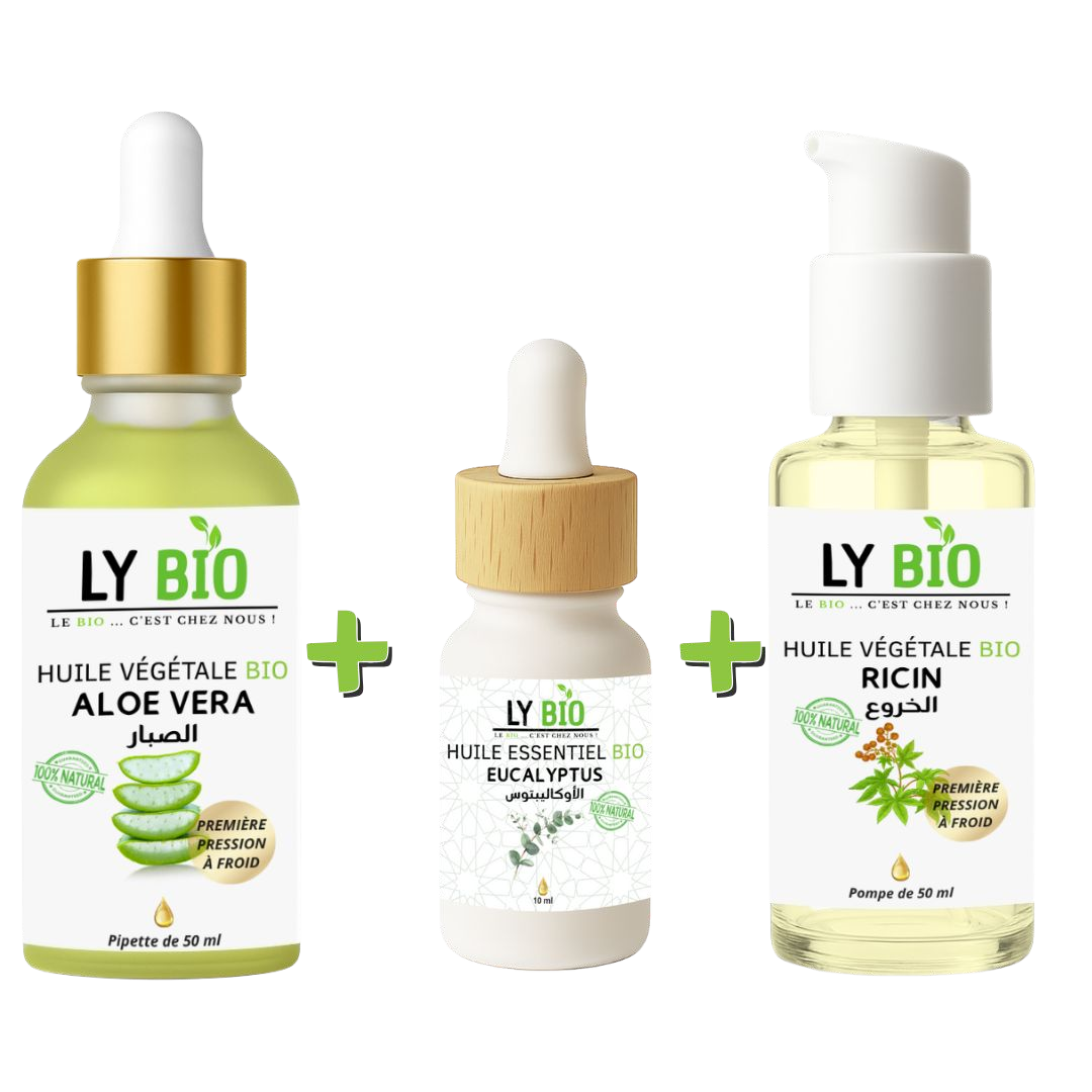 PACK HUILE ALOE VERA 50ml - PIPETTE + HUILE ESSENTIEL EUCALYPTUS 10ML + HUILE RICIN 50ml - POMPE