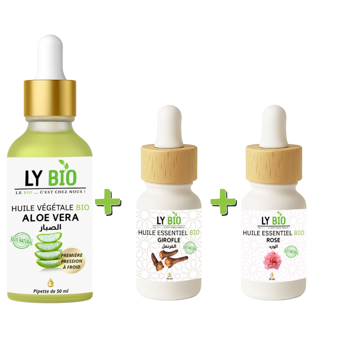 Pack Huile Aloe Vera 50ml - Pipette + Huile Essentiel Girofle 10ml + Huile Essentiel Rose 10ml