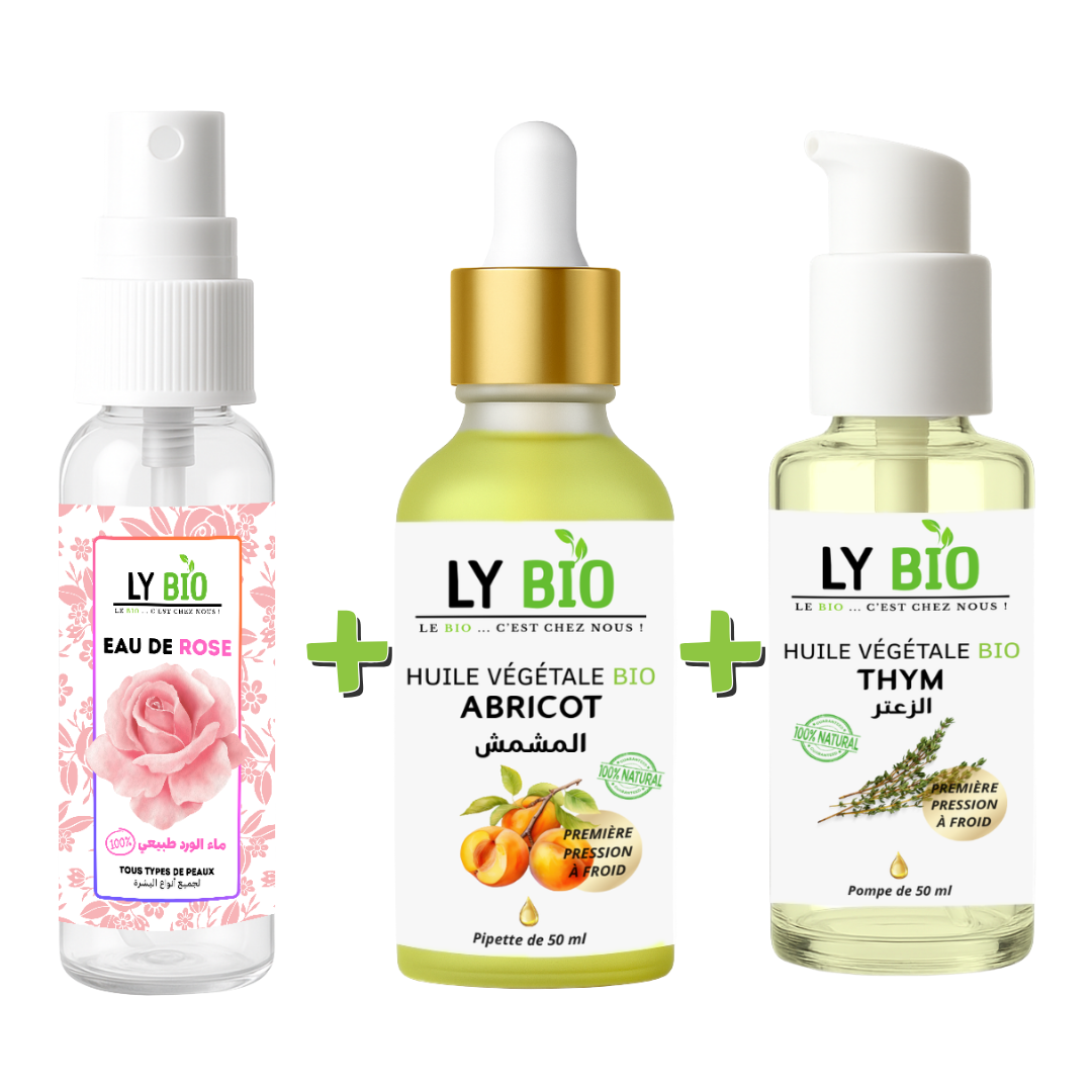 PACK EAU DE ROSE 100ML + HUILE ABRICOT 50ML - PIPETTE + HUILE THYM 50ML - POMPE thumbnail 3